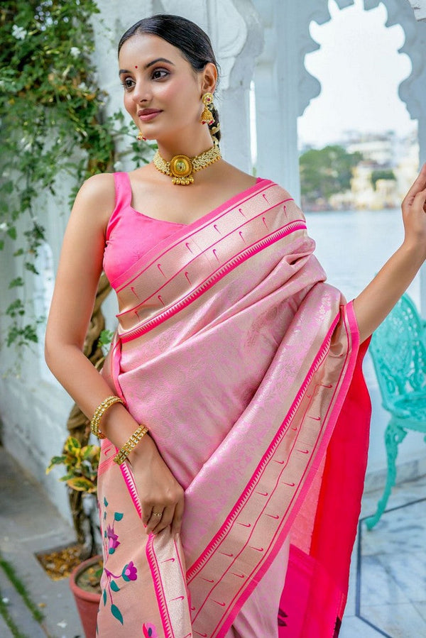Lovely Pink Color Silk Fabric Partywear Saree