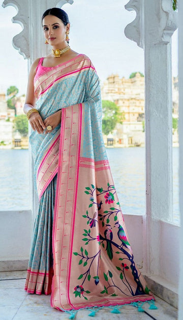 Lovely Aqua Color Silk Fabric Partywear Saree