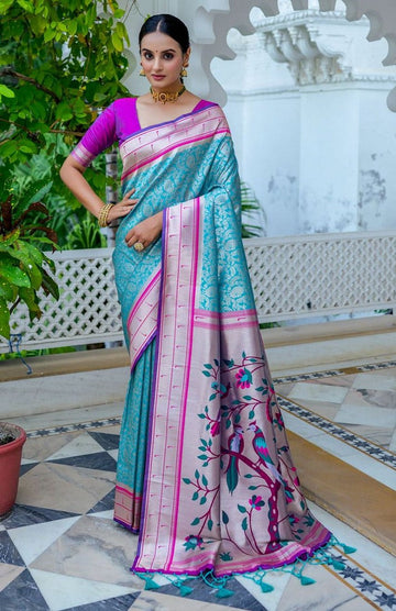Lovely Turquoise Color Silk Fabric Partywear Saree