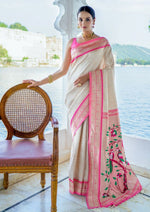 Lovely Cream Color Silk Fabric Partywear Saree