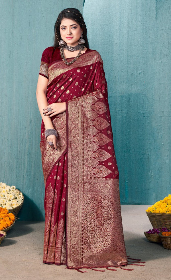 Beauteous Maroon Color Banarasi Fabric Casual Saree