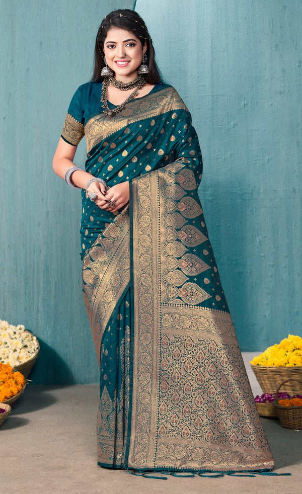 Beauteous Turquoise Color Banarasi Fabric Casual Saree