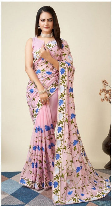 Classy Pink Color Georgette Fabric Casual Saree