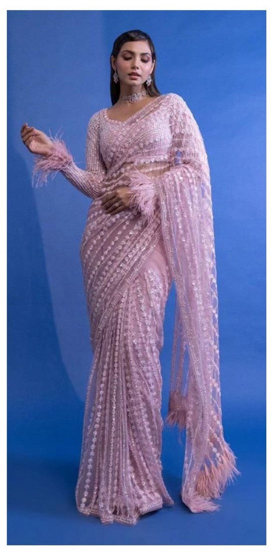 Superb Pink Color Net Fabric Partywear Saree