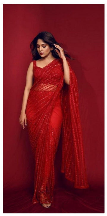 Superb Red Color Net Fabric Partywear Saree