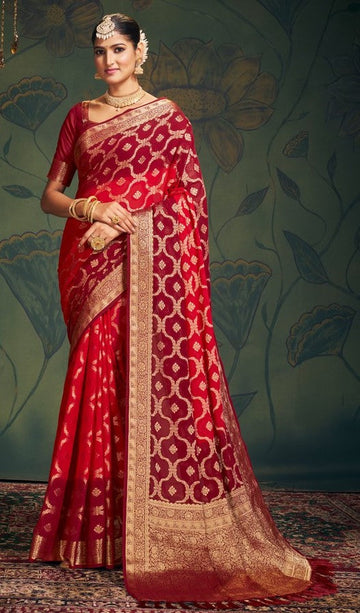 Beauteous Red Color Georgette Fabric Partywear Saree