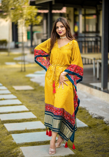 Amazing Yellow Color Silk Fabric Kaftan