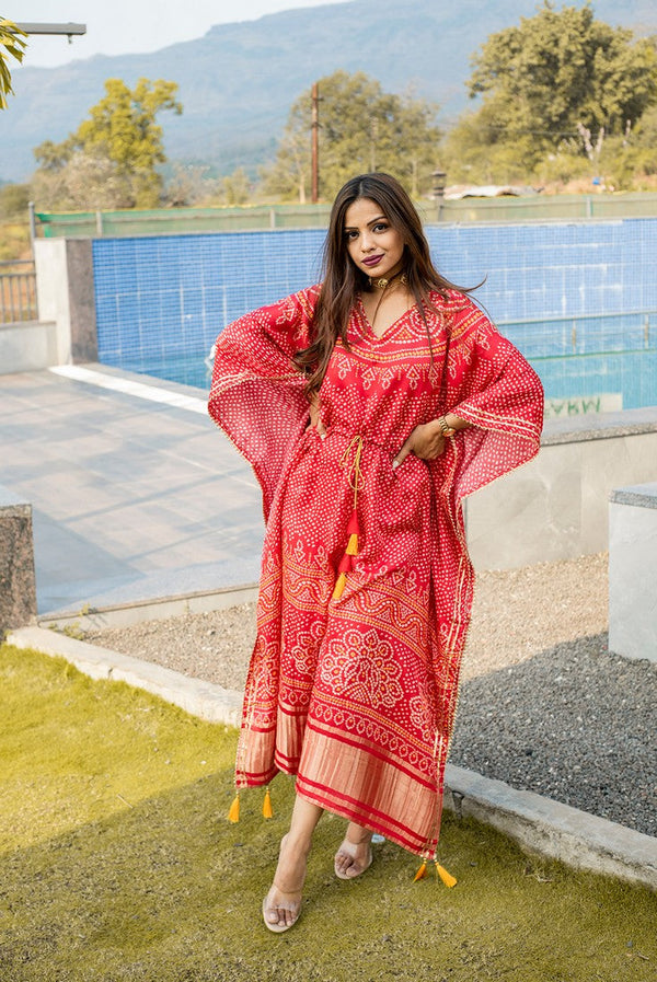 Amazing Red Color Silk Fabric Kaftan