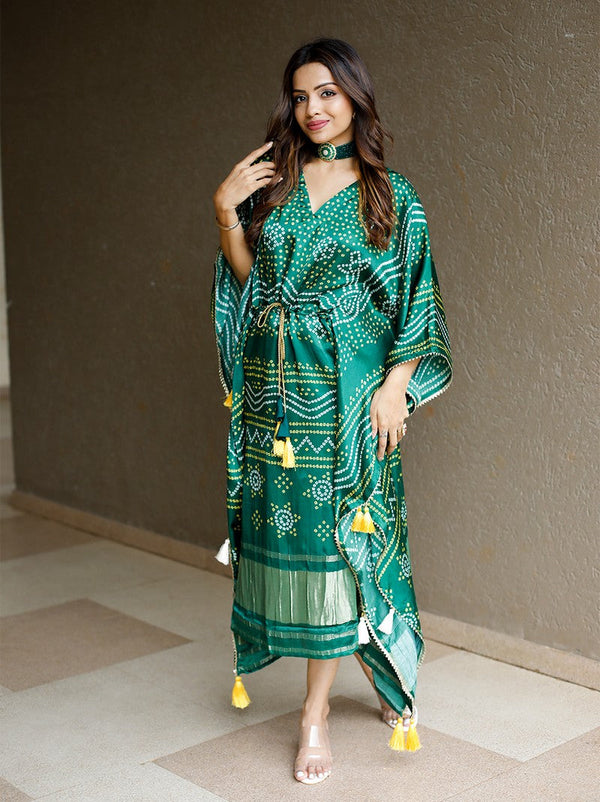 Pretty Green Color Silk Fabric Kaftan