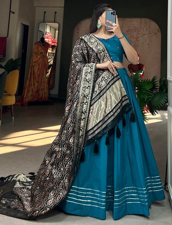 Lovely Teal Color Cotton Fabric Party Wear Lehenga
