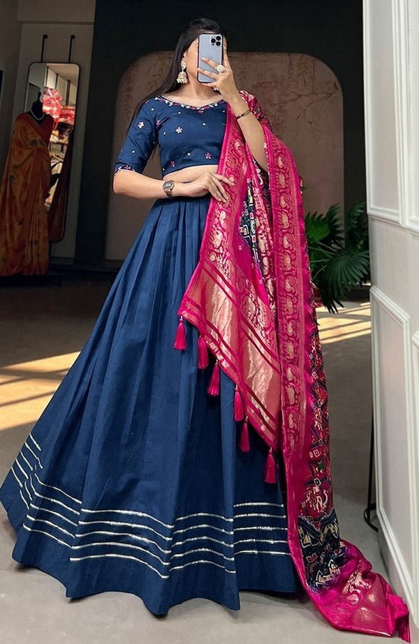 Lovely Navy Blue Color Cotton Fabric Party Wear Lehenga
