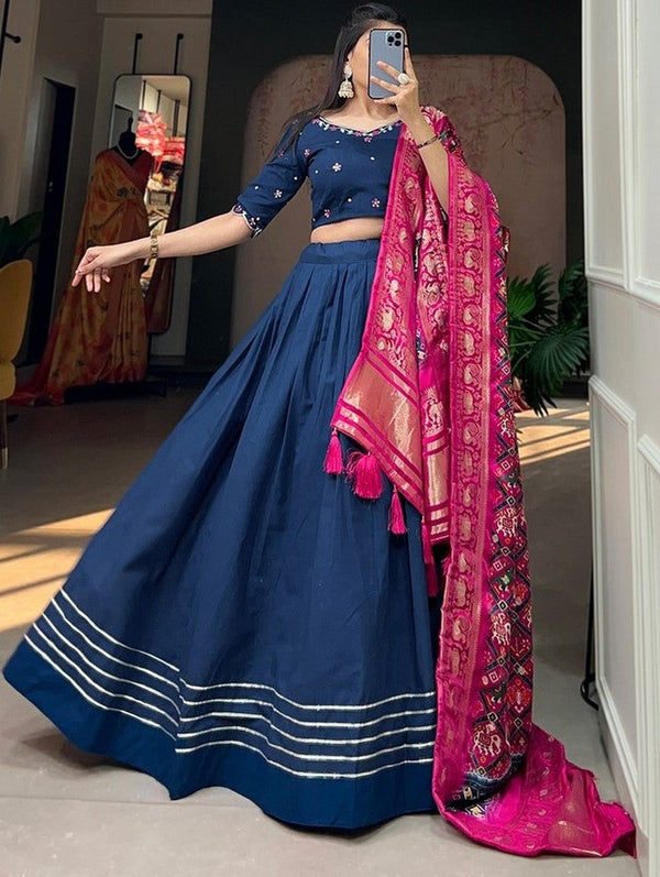 Lovely Navy Blue Color Cotton Fabric Party Wear Lehenga