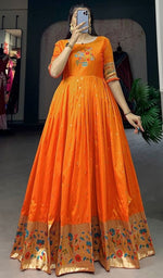 Grand Orange Color Silk Fabric Gown