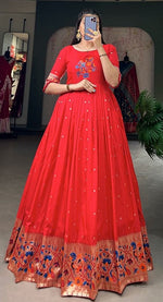 Grand Red Color Silk Fabric Gown