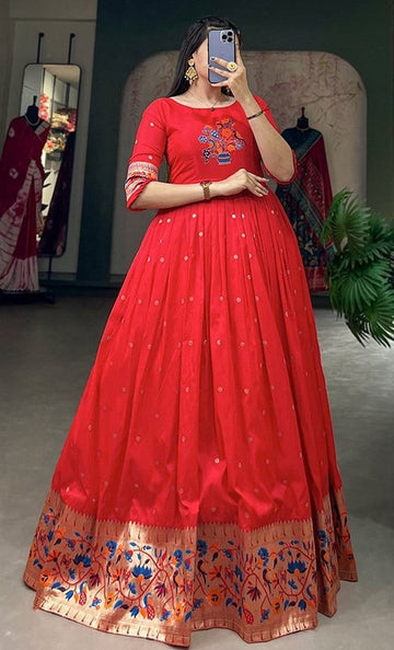 Grand Red Color Silk Fabric Gown