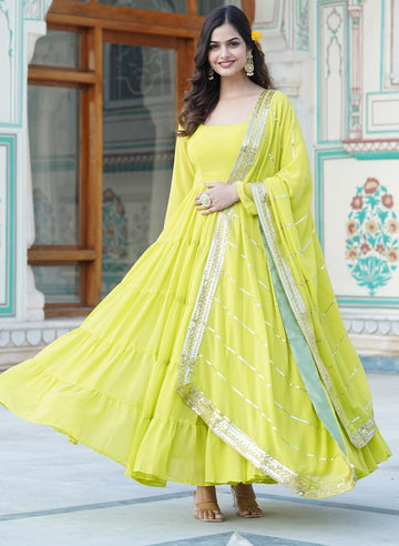 Pretty Green Color Georgette Fabric Gown