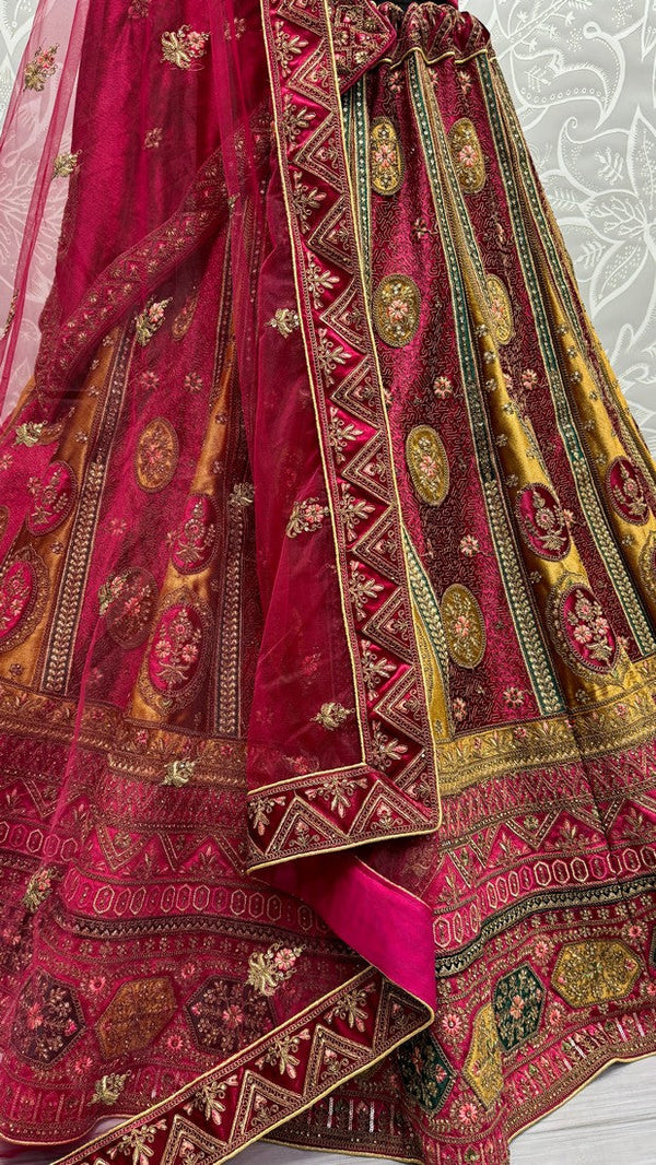 Magnetic Red Color Velvet  Fabric Wedding Lehenga