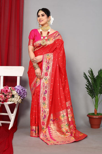 Grand Red Color Silk Fabric Partywear Saree