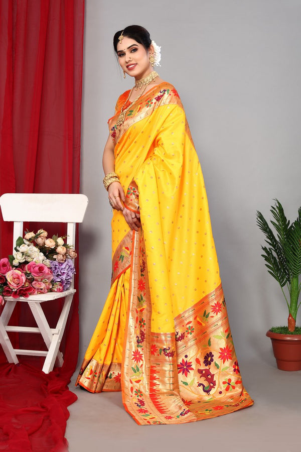 Grand Yellow Color Silk Fabric Partywear Saree