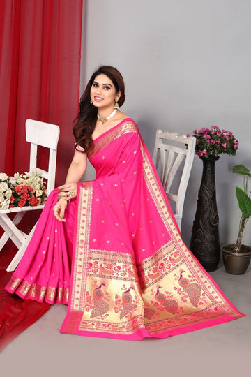 Grand Pink Color Silk Fabric Partywear Saree