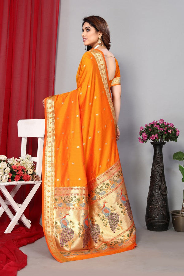Grand Orange Color Silk Fabric Partywear Saree
