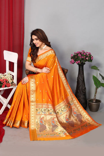 Grand Orange Color Silk Fabric Partywear Saree