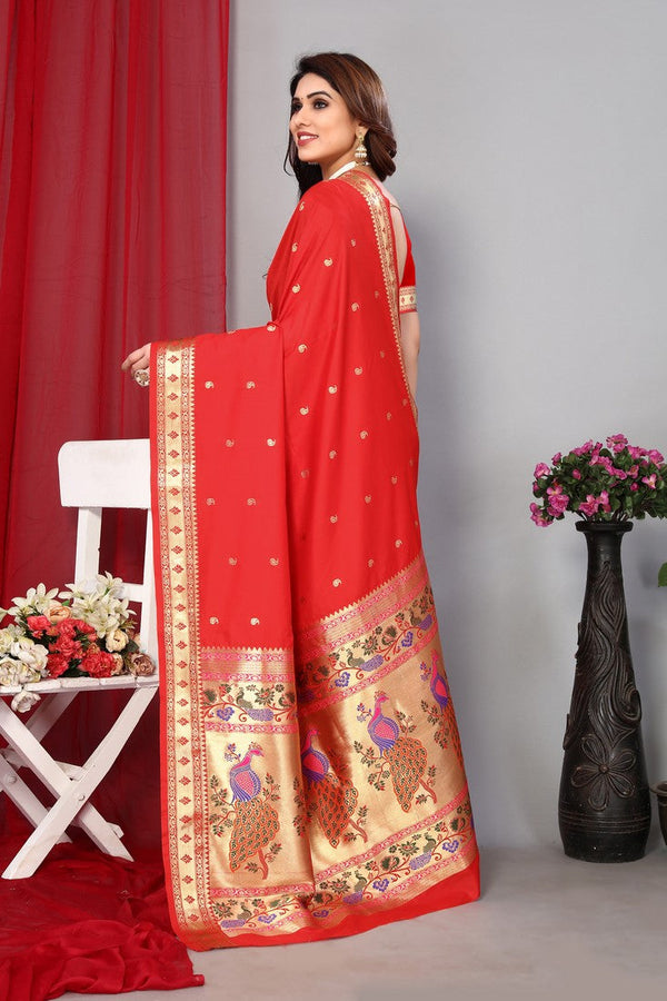 Grand Red Color Silk Fabric Partywear Saree